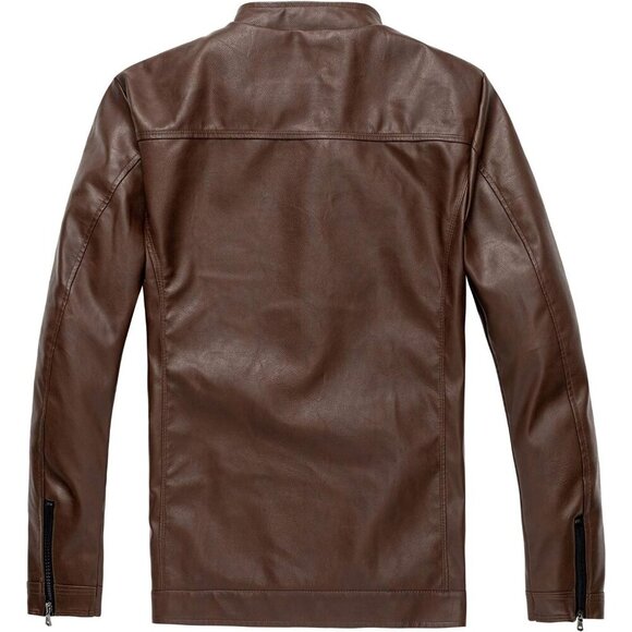 🆕 Men Brown Stand Collar Leather Jacket Motorcycle Lightweight Faux Outwear - Picture 3 of 7